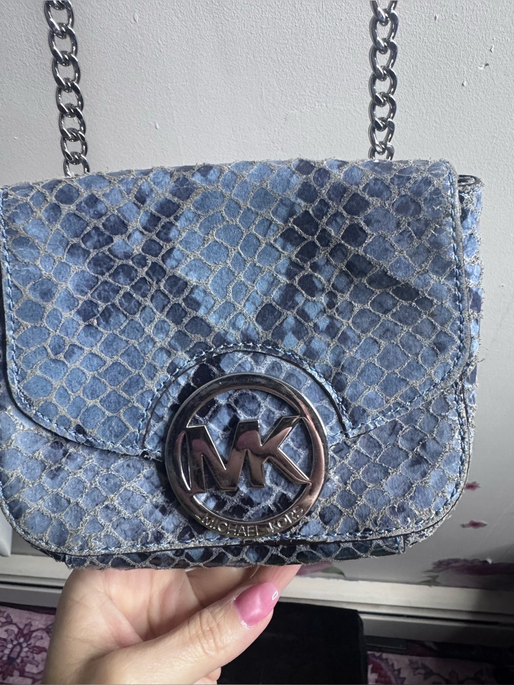 Michael Kors Blue Snake-Embossed Crossbody with Silver MK Medallion